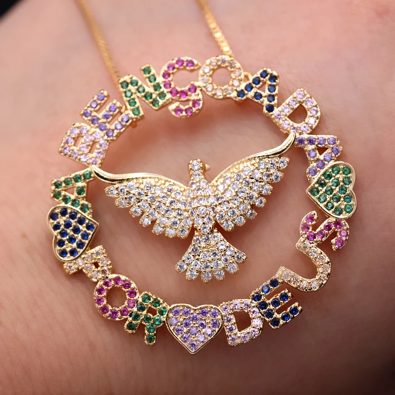 Big round Pendant Necklaces Full Paved Colorful Cubic Zirconia Heart Letter Eagle Gold Chain women boho party Necklace Wholesale