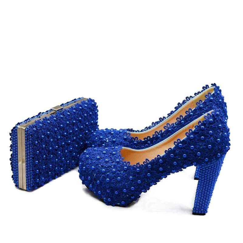 

Blue Lace Bride Shoes Thick High Heel Wedding Dress Shoes with Matching Bag Cutomized Royal Birthday Ceremony Pumps with Purse