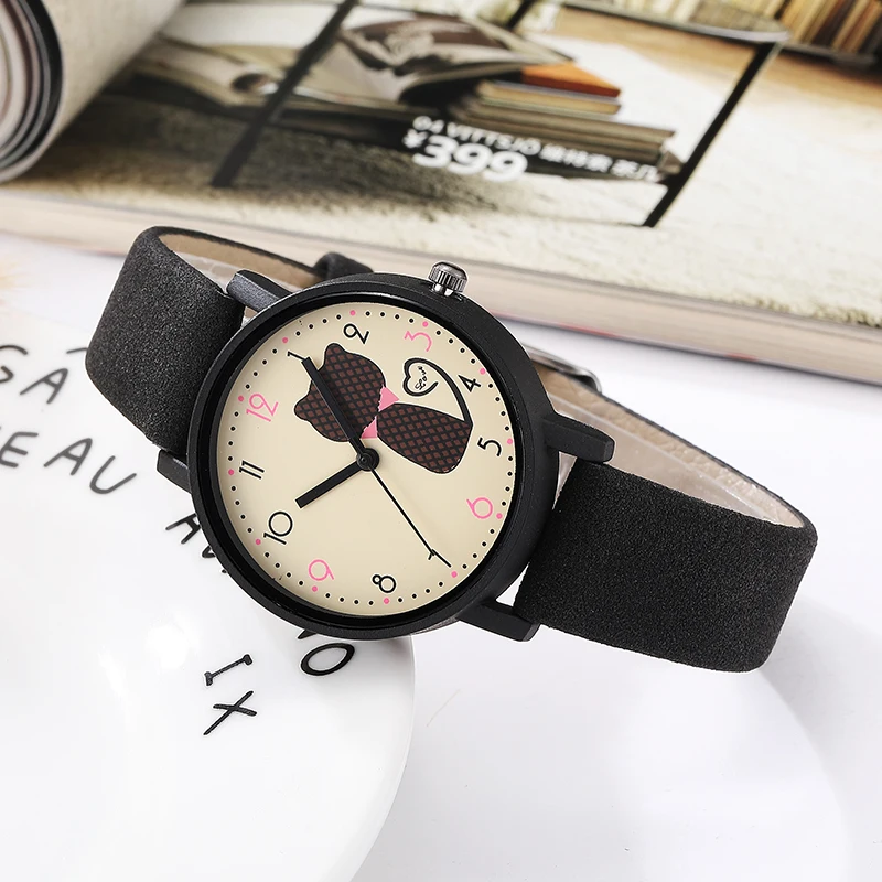 Модные Повседневные кварцевые женские часы с милым кошачьим циферблатом, простой женский браслет, женские часы с матовым кожаным ремешком, наручные часы для женщин