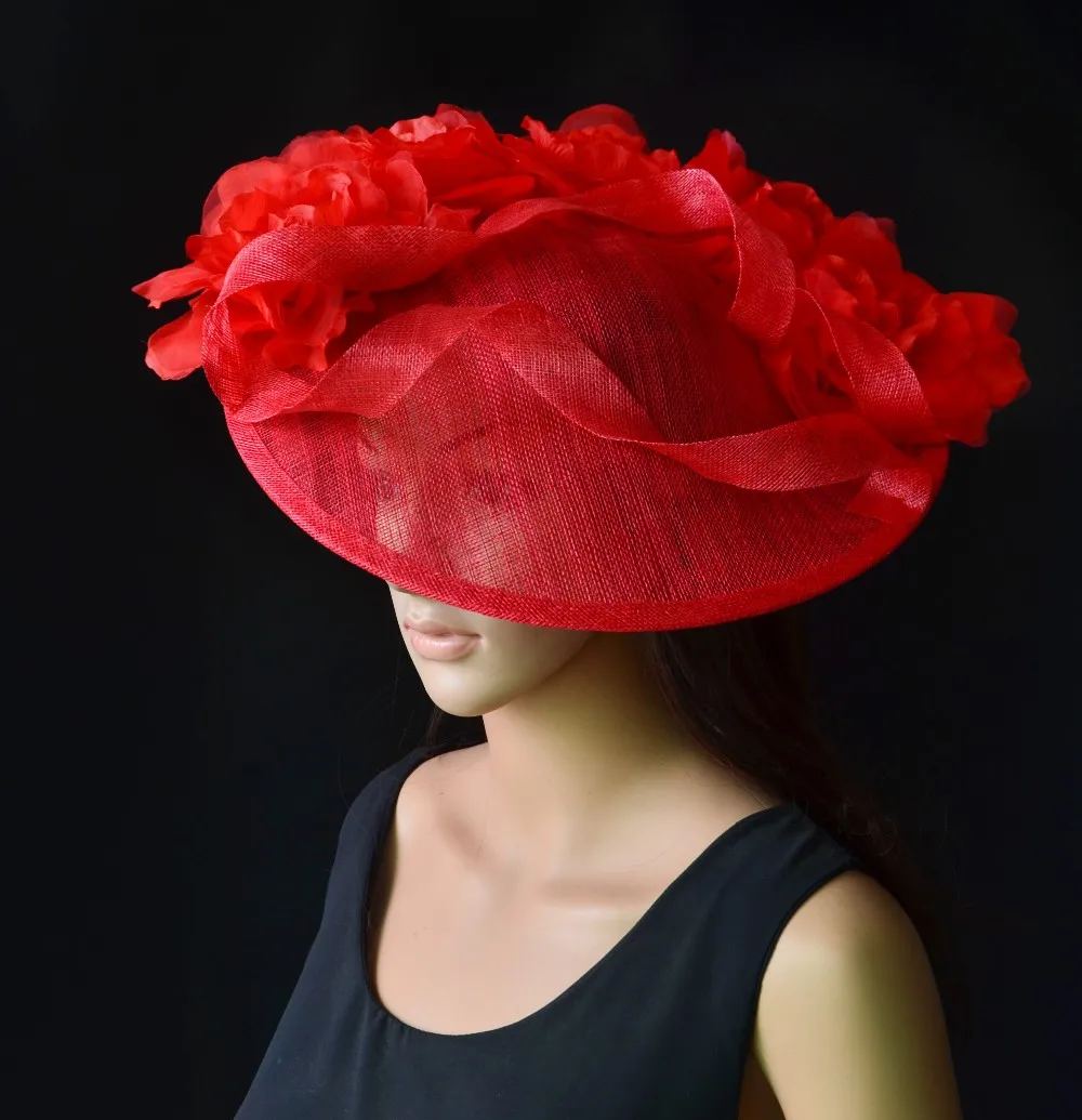 4 цвета красный большой головной убор Sinamay шляпа блюдце чародей шляпа Шелковый цветок чародей Кентукки Дерби шляпа для гонок, свадьбы, церкви, вечерние