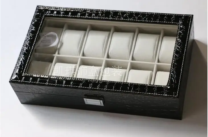 Мода 12-слот древесины кожа Смотреть Box Дело Часы Дисплей Коробка для хранения Контейнер 208a - Цвет: Черный