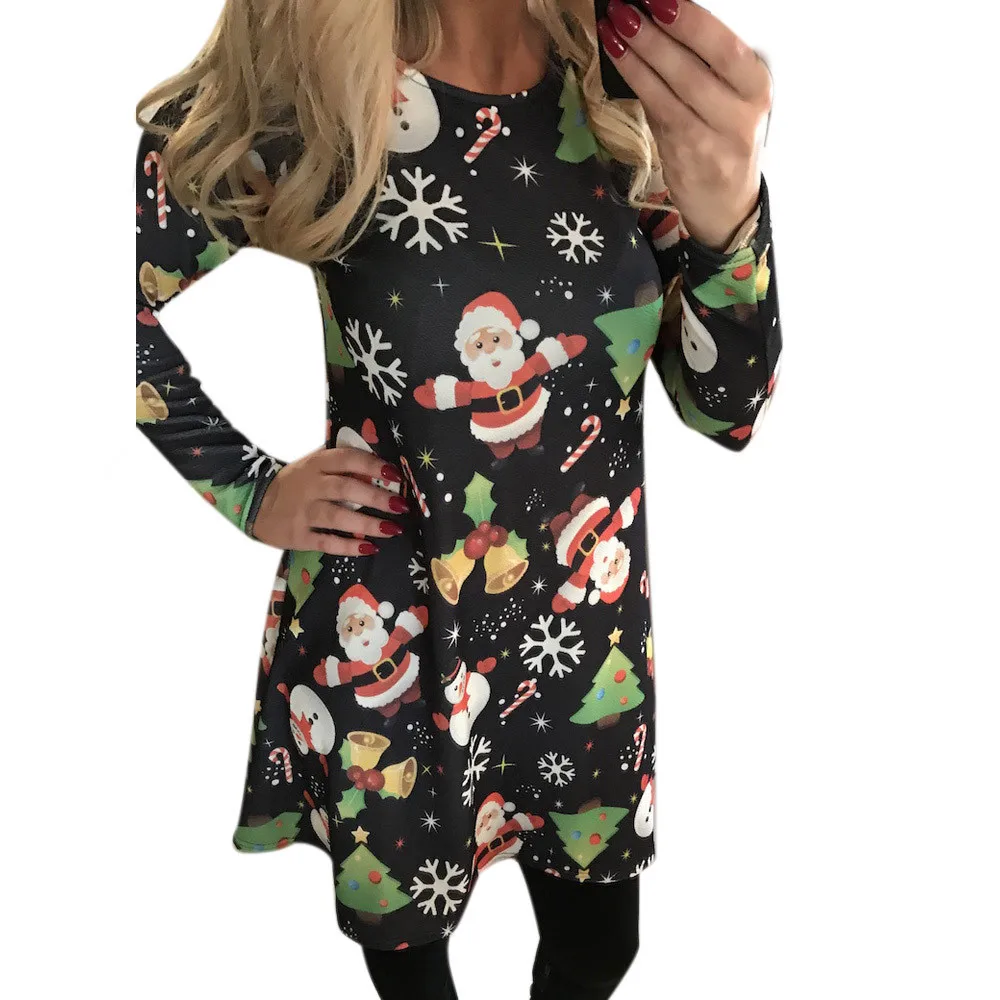 NewMore Funny Women Xmas Print Swing Dress Ladies Christmas Long Sleeve