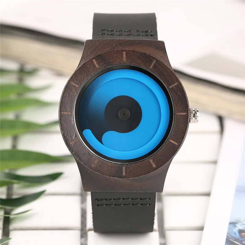 

Wood Case Creative Women Watches Blue/Pink Swirl Pointer Genuine Leather Band Fashion Ladies Wristwatch Bamboo Clock Female Gift