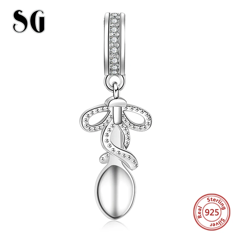 SG Sterling Silver 925 Kitchen utensil Spoon beads fit original pandora bracelet diy fine jewelry circular making for women gift Fine Jewelry