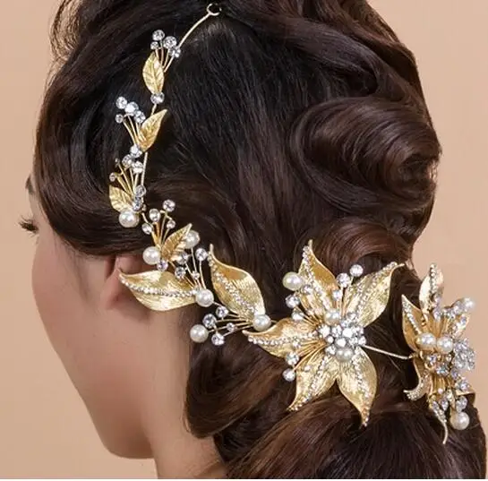 

Magnificent Rhinestone Pearl Flower Bridal Tiaras Fashion Wedding Gold Baroque Headband for Women Crown Hair Jewelry Accessories