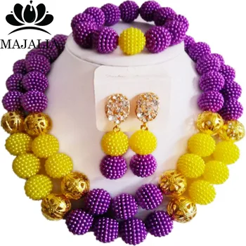 

Majalia Fashion Purple and Yellow Lady Nigerian Wedding African Jewelry Set Plastic Beads Bride Jewelry Set Free Shipping 2QW009