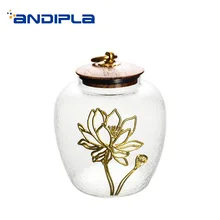 Краткое емкость для хранения чая прозрачный Стекло позолота печать Чай листья канистру с деревянная крышка комплект чайная посуда украшения