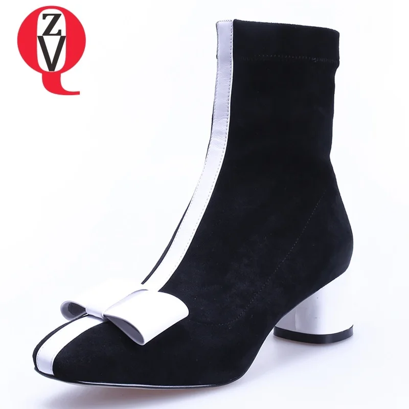 

ZVQ 2018 winter new fashion square toe bowties faux suede women ankle boots med square heel slip-on black and white lday shoes