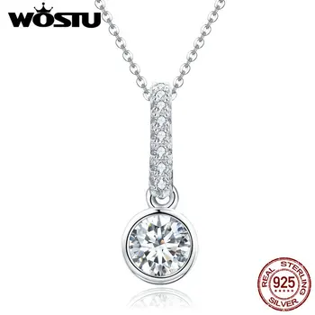 

WOSTU High Quality 925 Sterling Silver Glitter Geometric Round Pendant Necklace for Women Elegant Clear Crystal Jewelry CQN295