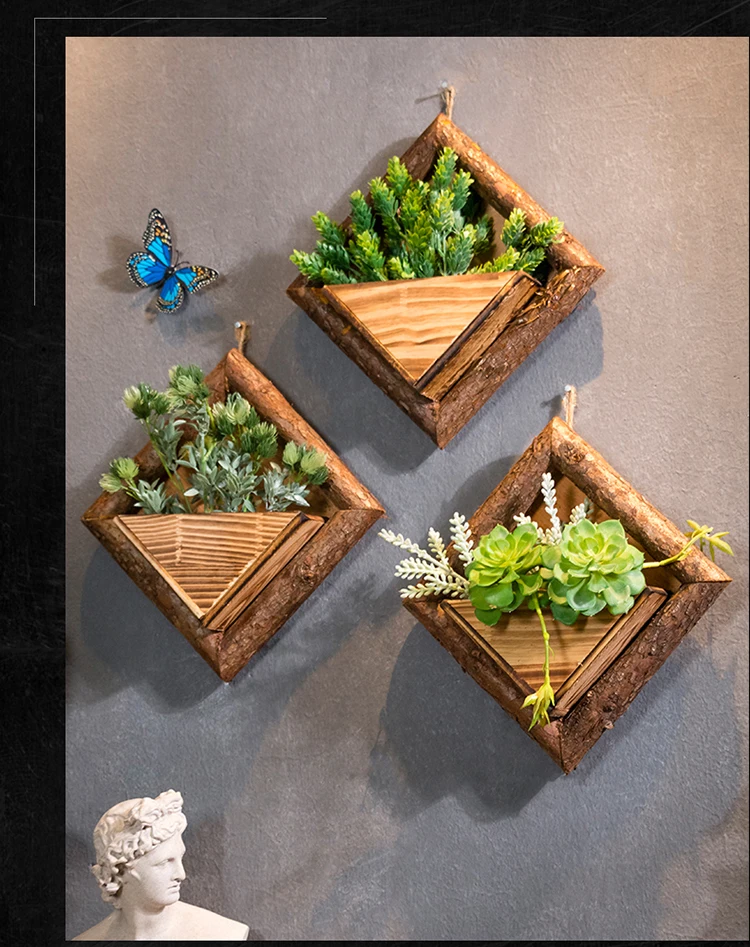 Creative Wall Hanging Wooden Flowerpots With Hemp Rope