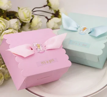 

100 x European Style Pink / Blue Baby Shower Candy Boxes With Ribbons Party Gifts Box Giveaways Box Return Present Box