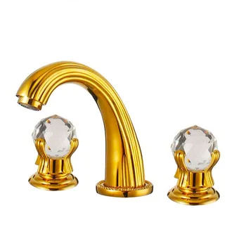 

European classical gold plated bathroom faucet golden crystal three hole basin faucet double crystal head three leading