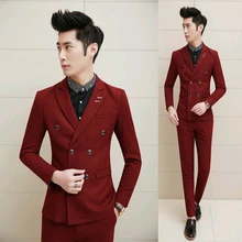 Британский стиль мужской костюм бордовый двубортный мужской свадебный Выпускной ужин костюмы 2 шт. Slim Fit смокинги для жениха terno