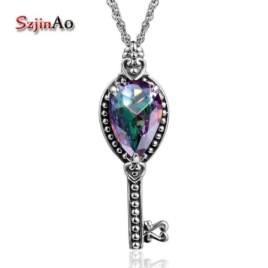 

Szjinao Women Real 925 Sterling Silver Key Pendants Necklace Gift Vintage Bohemian Retro Love Mystic Rainbow Topaz Boho Jewelry