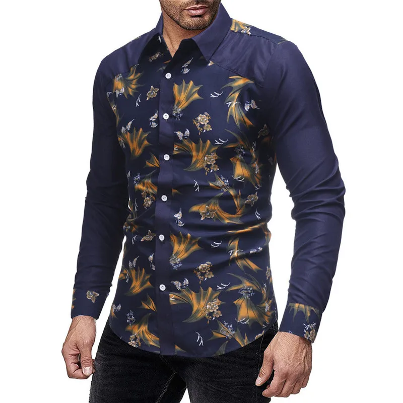 Fashion Men's Slim Fit Shirt Floral Printed 2018 Man Button Down Long