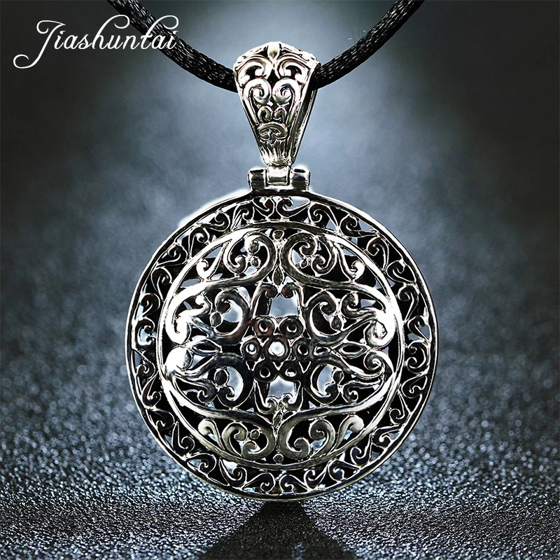 

JIASHUNTAI Retro 925 Silver Sterling Big Pendant Necklace Round Hollow Carved Large Medal Silver Jewelry For Women and Men