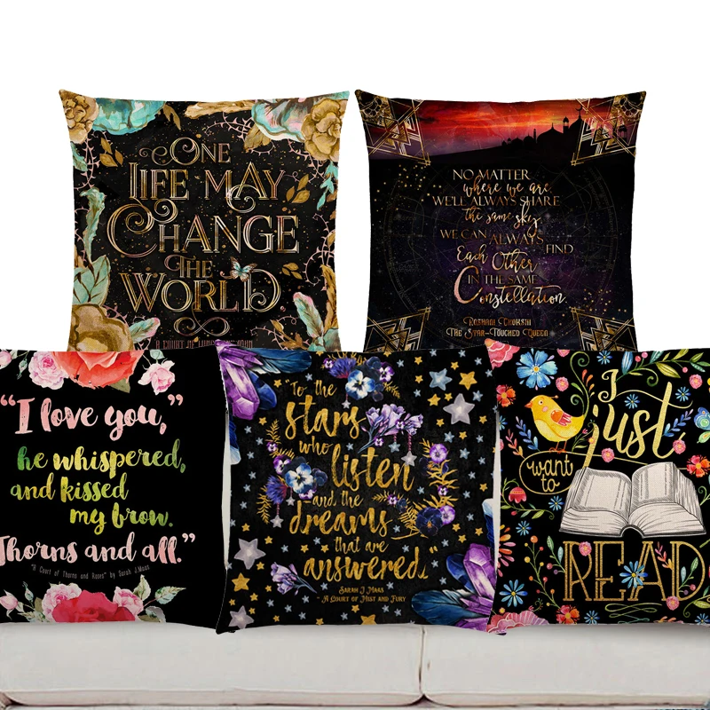 

Cushion Cover 45x45cm Black Golden Floral Pattern Gorgeous Words Decorative Letters Story Cushion Cover Sofa Throw Pillow Case