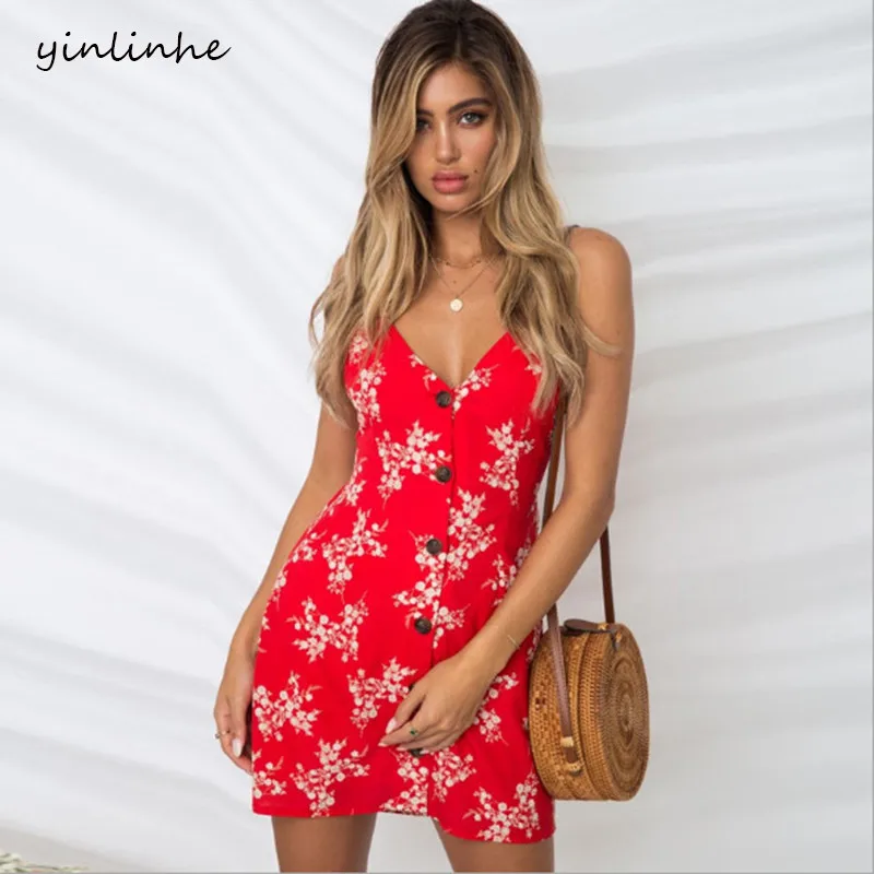 

yinlinhe V Neck Backless Sexy Floral Print Red Dress Women Button Tied Strap Sleeveless Summer Dress Mini Elegant vestido 148