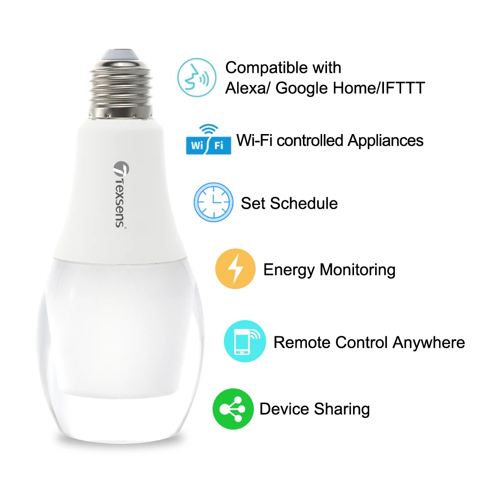 Texsens 7 Вт Светодиодный лампа дневного света интеллектуальная WiFi E27/E26 RGB