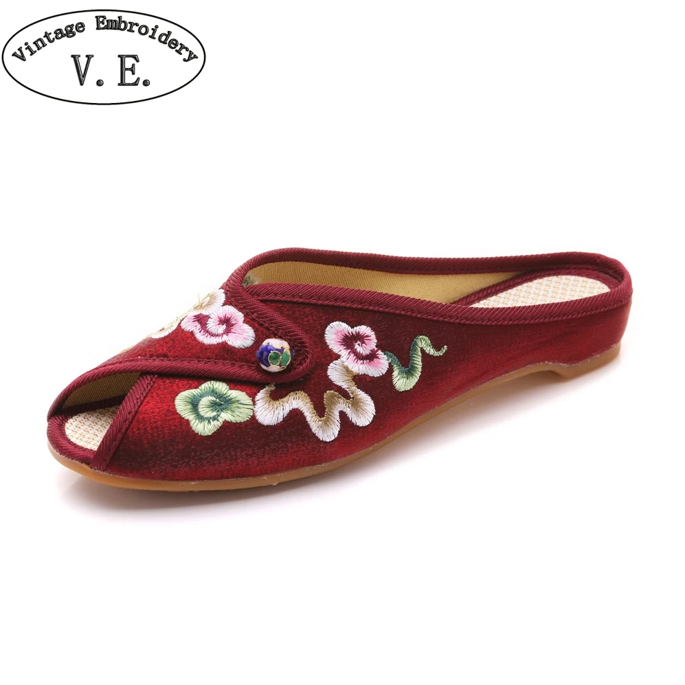 

Women Slippers Spring Summer Causal Slides Flower Embroidered Satin Flats For Lady Peep Toe Woman Shoes Home Slippers