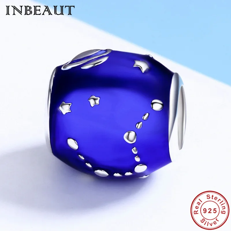 

INBEAUT Women Fashion Chain Necklace Beads 925 Sterling Silver Star Carved Dark Blue Enamel Charm fit s925 Bracelet DIY Gifts
