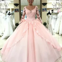 16 милых платьев, бальное платье принцессы с длинными рукавами, розовые пышные платья, Vestidos para 15 anos, платья с v-образным вырезом для дня рождения