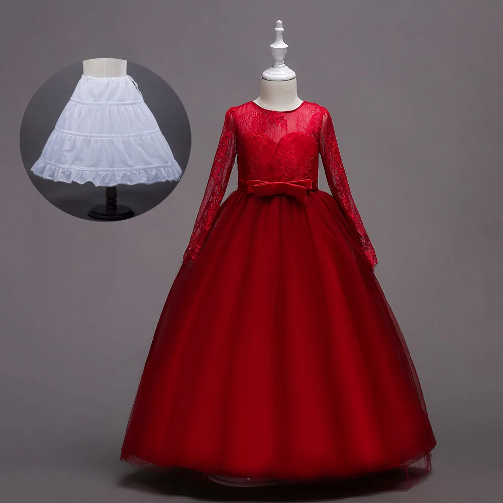 

Long Sleeve Teenager Hollow Lace Ball Gown Kids Mint Green Navy Champagne Red Long Prom Dress Girl Children Christmas Wear