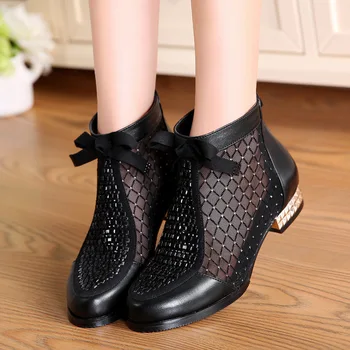 

Summer Heel Low Zip Boots Fashion Rhinestone Butterfly Mesh Ankle Boots for Women Genuine Leather Casual Shoes Fish Boot Female