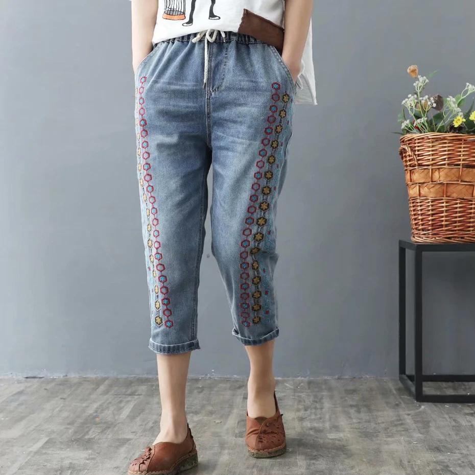 Для женщин Дамские шаровары дно джинсовые штаны мотобрюки вышивка большой Свободные Винтаж повседневное Мода для сезон: весна-лето A0904