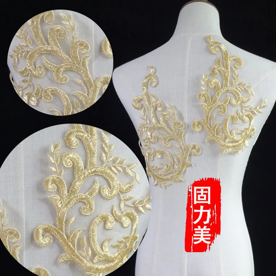 

1pair gold Neckline Collar Appliques Embroidery Lace Trim Fabric Cloth Sewing Patchwork DIY Craft lace applique sewing on patch