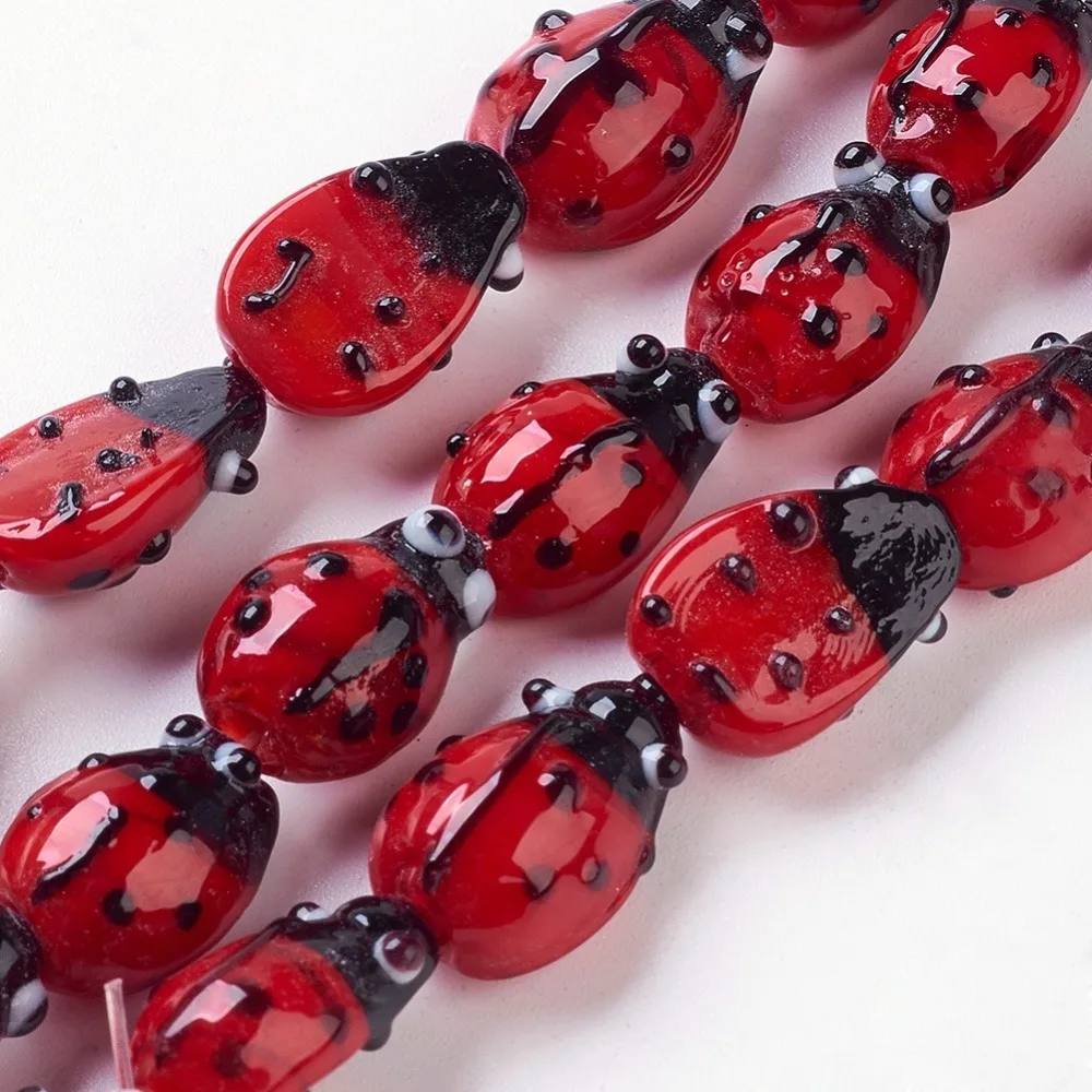 

Handmade Craft Lampwork Glass Jewelry DIY Finding Bracelet Necklace Beads Strands Ladybug Red 9~10x12~14x5~6mm Hole: 1~2mm