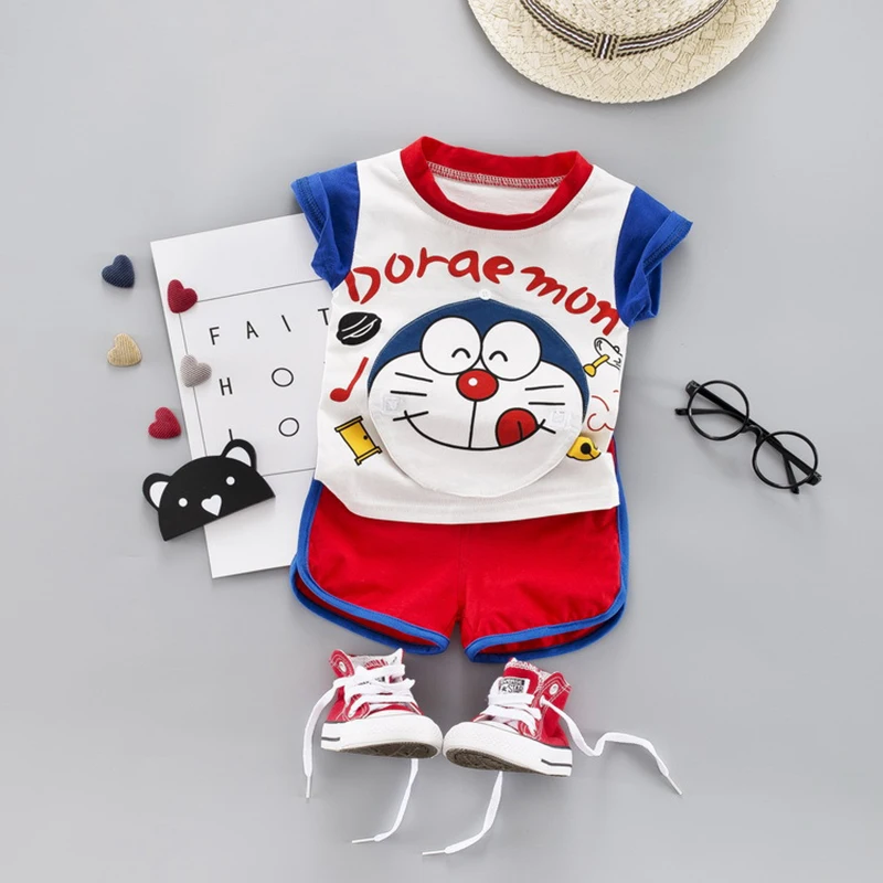 Toddler baby boys girl Clothing sets Summer Kids Replaceable Doraemon pattern T-Shirt+ Short Suits Infant Creativity Tracksuits