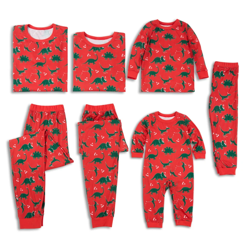 

PatPat Autumn And Winter New Casual Holiday Long Sleeve Dinosaur Printed Family Matching Christmas Pajamas Set In Red