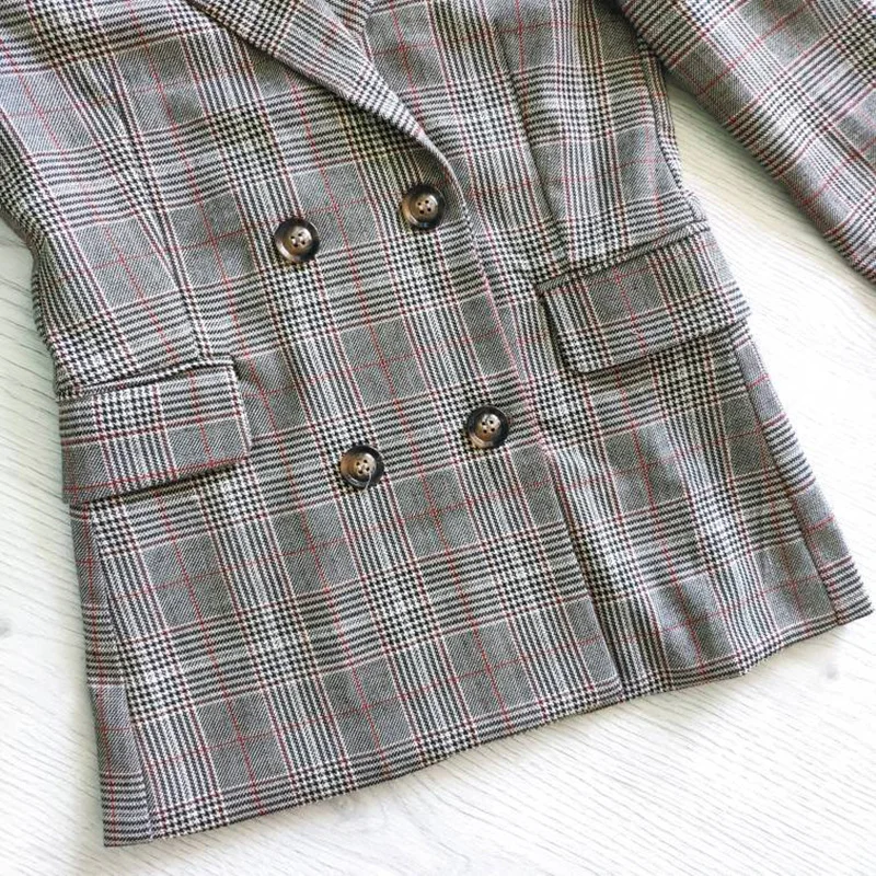 Female Plaid Retro Suits Coat Vintage Bouble Breasted Women Blazers Autumn Pockets Jackets Office Lady Feminino Outerwear 2019
