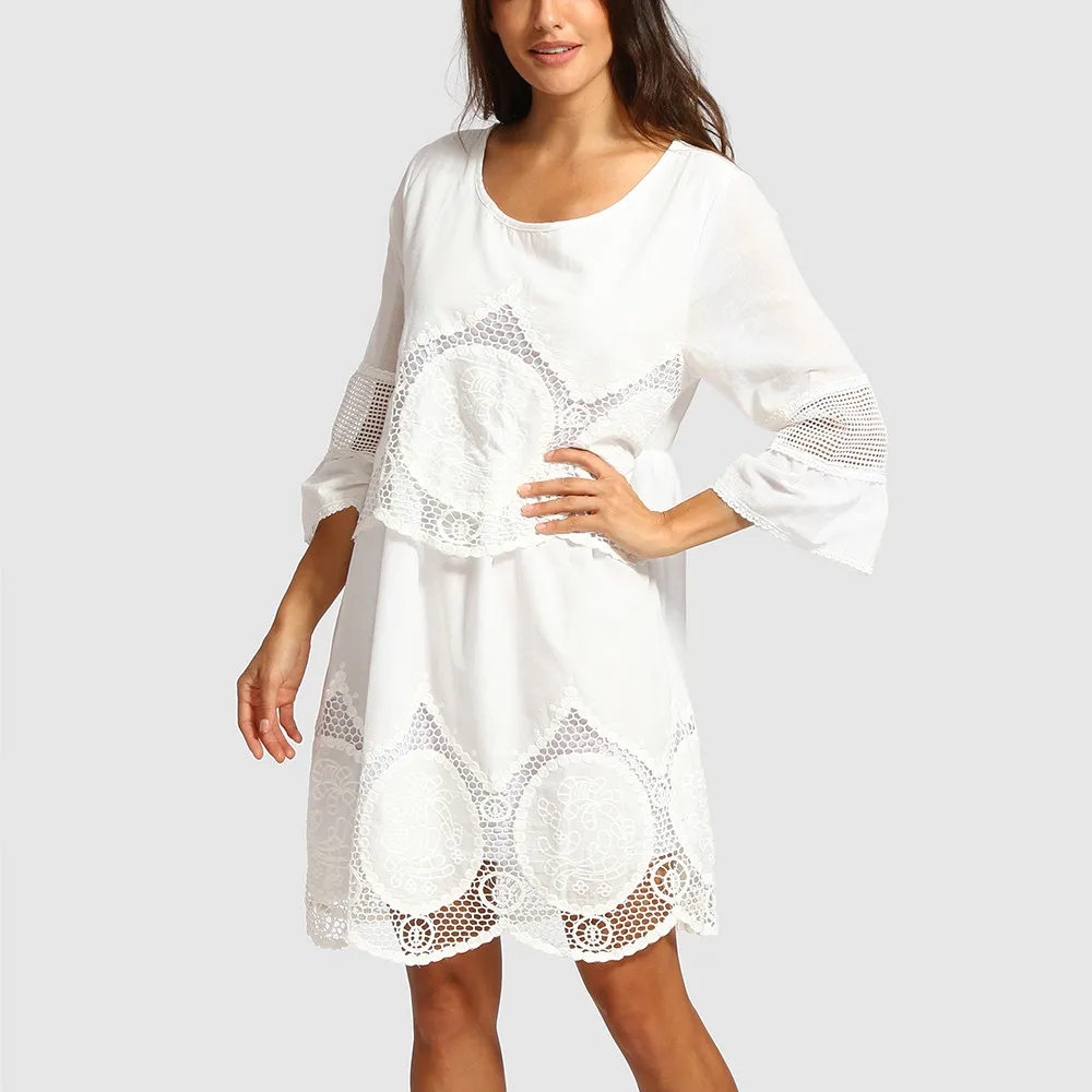 Women Dress Fashion Plus Size White Lace Embroidery Hollow-out Round Neck Boho Beach Dress O-Neck Solid Dress Freeship F#M30  (1)