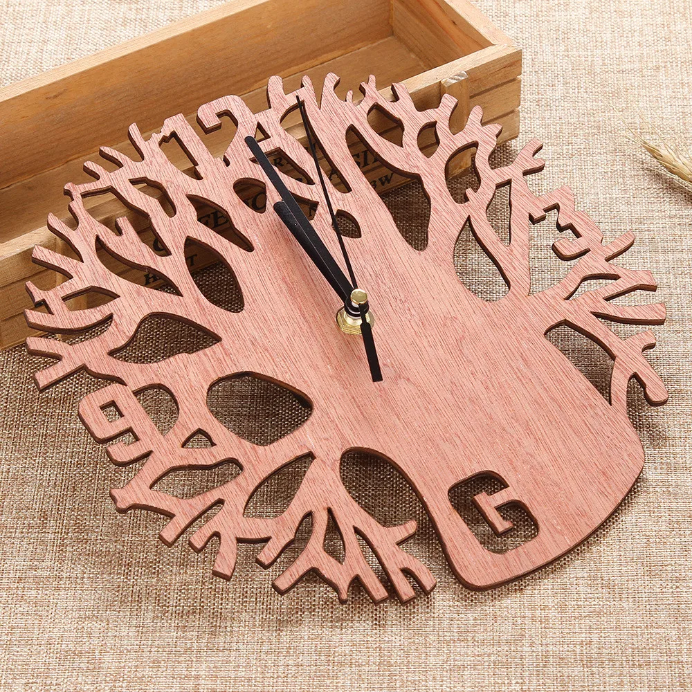Round digital creative wooden tree wall clock Bedroom wall with
