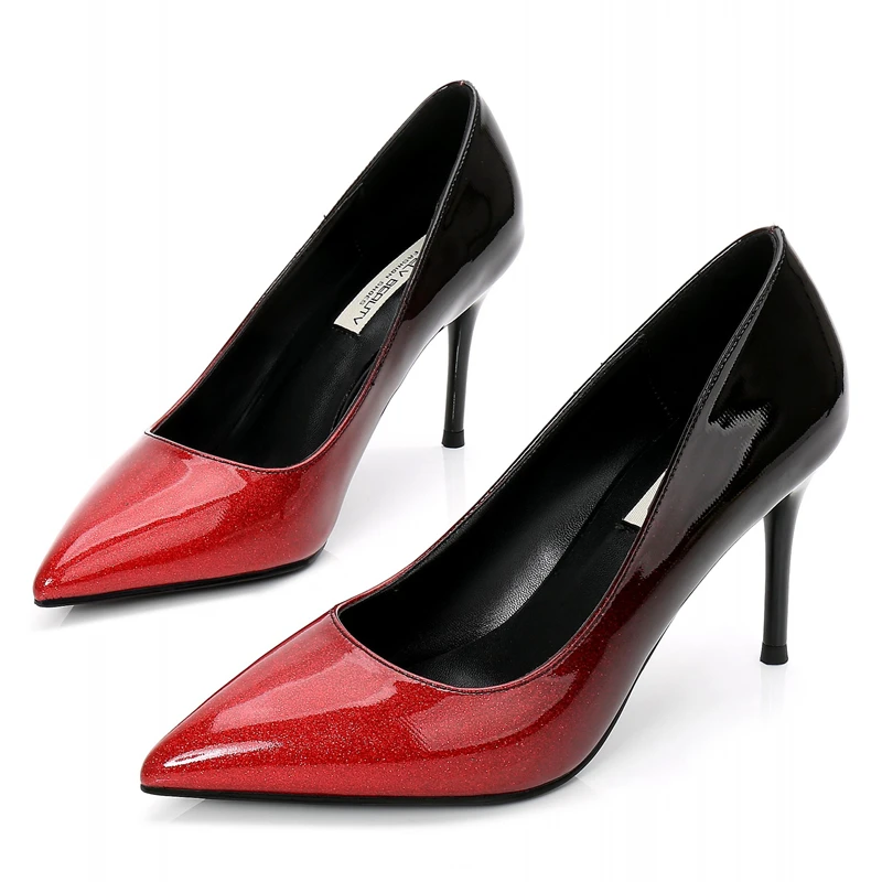 

Woman Gradient Color High Heels Shoes Sheepskin Patent Leather Pumps Stiletto Pointed Toe Office Shoes Casual Ladies Shoes E0004