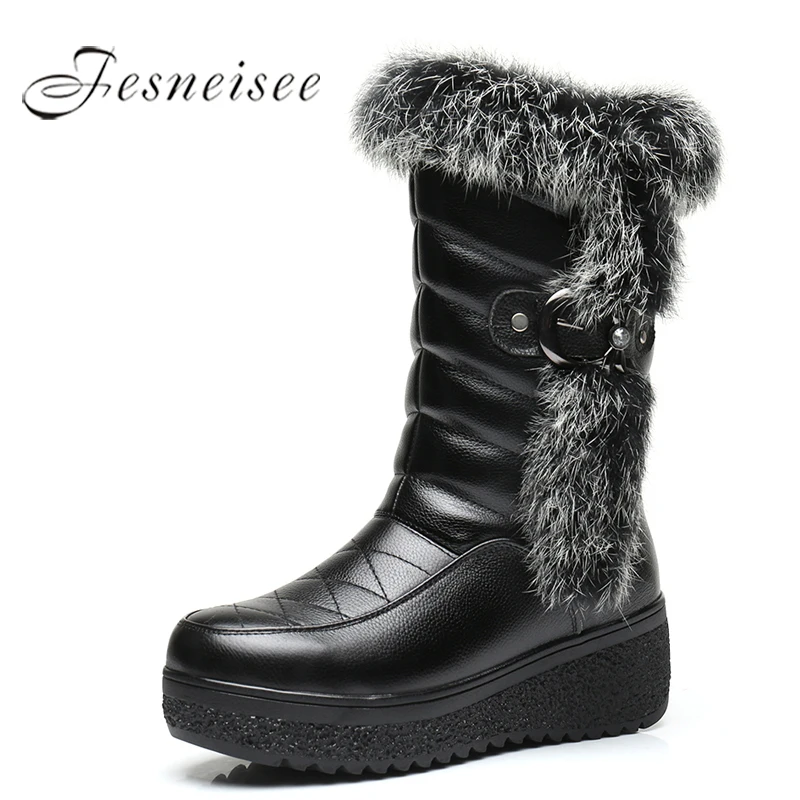 

2019 New Winter Mid Calf Boots Women Genuine Leather Boots Wedges Round Toe Rabbit hair Boots High Quality Shoes Size 34-41 M4
