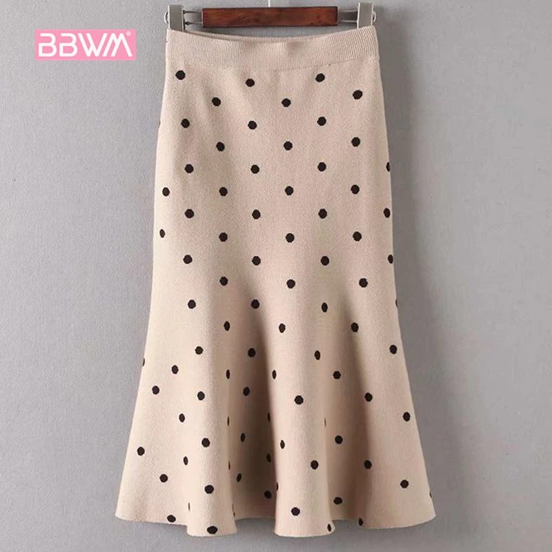 

Polka-dotted knit fishtail skirt skirt autumn winter female ruffled skirt 2018 new long section high waist bag hip skirt