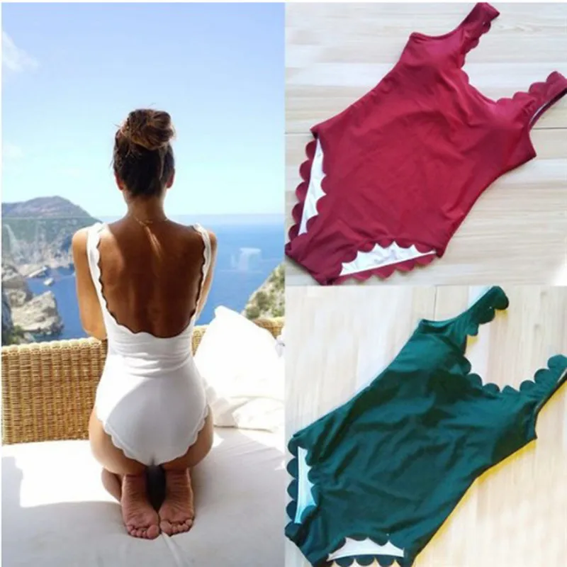

HENGSONG New Women Sexy One-piece Beachwear Women Summer Wave Shape Wide Straps Swimsuit Solid Color 739403
