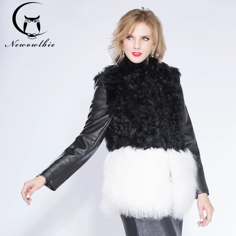 Newowlbie Lamb Sheep Skin Sleeve Double Colors Stitching Coat Young Female Winter Real Fur Warm Fashion Slin Thick | Женская одежда