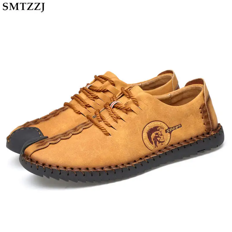 

SMTZZJ Brand 2019 New Fashion Men Casual Leather Shoes High Quality Soft Casual vulcanize Men's Flats Walking Outdoor Shoes