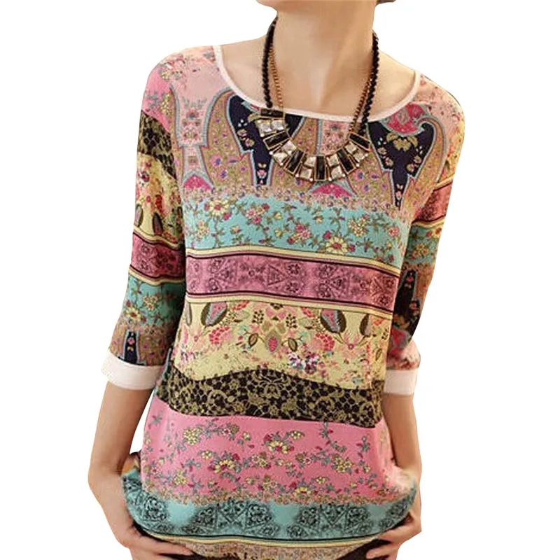 

Summer Print Shirt 2019 Aztec Stripe Women Blouses Lace Tops Leisure Floral Print O-neck Casual Shirt Blusas Camisas Mujer