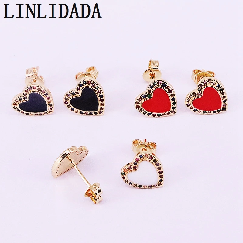 

10Pair Gold color mix colored enamel heart shaped rainbow cz micro pave stud earring for women