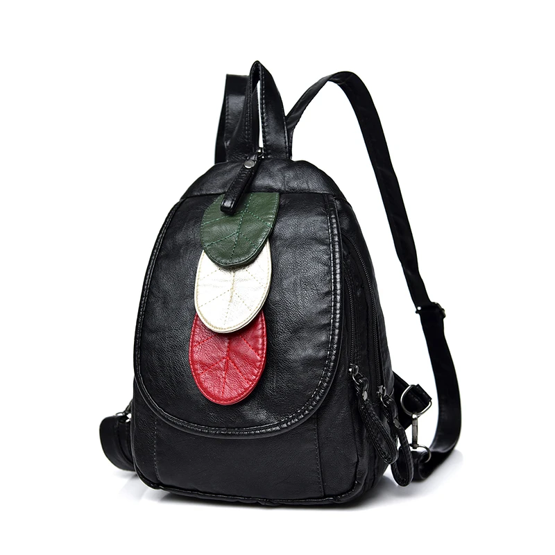 ##BUY Leaves Women Backpack Small Washed leather female Chest Pack Multifunctional Backpacks For Girls Teenagers Shoulder Bag Black