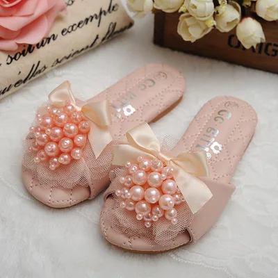 Тапочки для девочек, милая обувь принцессы, детские тапочки, известный бренд, жемчуг, цветок, детская летняя обувь, открытый носок, детские тапочки 24-37 - Цвет: Розовый