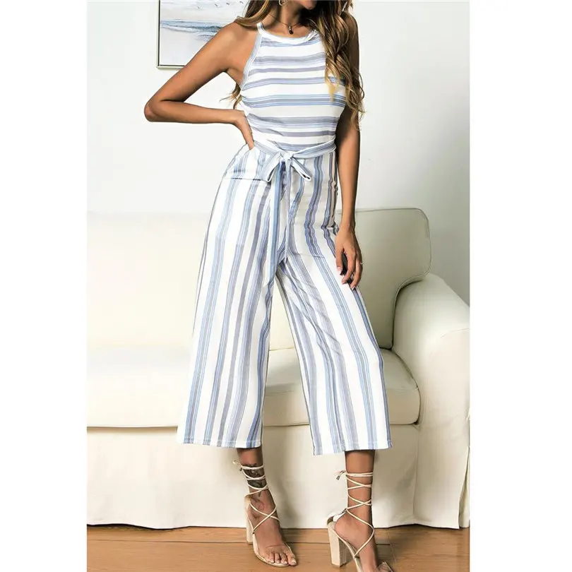 New Fashion Women Summer Sexy Sleeveless Multicolour Striped Jumpsuit Clubwear Wide Leg Pants Outfit Long Pants Jumpsuit #4A18 (23)