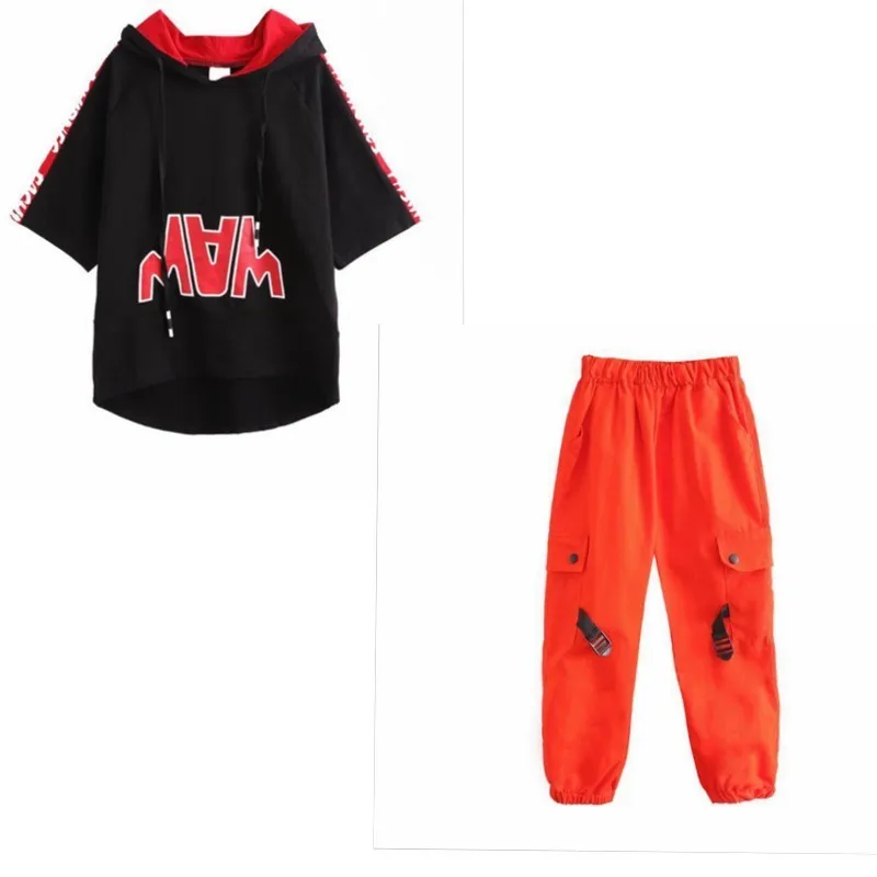 Детская одежда в стиле хип-хоп; Повседневная рубашка; топ с капюшоном; спортивные штаны для девочек и мальчиков; бальный костюм для джазового танца; Одежда для танцев - Цвет: Черный