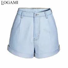 LOGAMI Высокая талия Твердые прямые шорты из джинсовой ткани женские светло-голубые летние короткие джинсы женские повседневные шорты