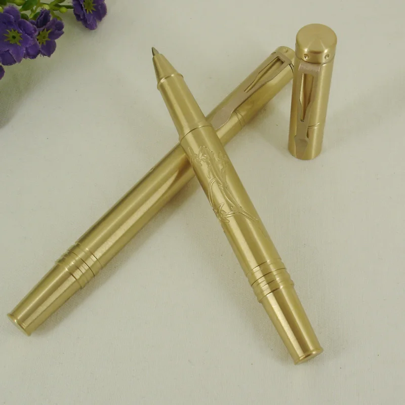 Caneta de Rolo Ponta do Rolo Acmecn Unissex Metal Pesado Médio Nib China Elementos Esculpidos Gel Caneta Tinta Latão Ouro Luxo Canetas 53g 3 rolo médio nib china elementos esculpidos gel